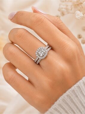 White Gold Plated Halo Ring Set Size 7 Bridal Wedding Engagement New